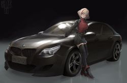 Rule 34 | 1girl, azur lane, belt, black footwear, black jacket, black skirt, black thighhighs, blonde hair, bmw, bmw m5, boots, car, closed mouth, commentary, english commentary, hair between eyes, head tilt, high heel boots, high heels, highres, jacket, kreuzer 00, looking at viewer, mechanical hands, motor vehicle, multicolored hair, red sweater, roon (azur lane), short hair, skirt, smile, solo, standing, streaked hair, sweater, thighhighs, turtleneck, turtleneck sweater, vehicle focus, yellow eyes