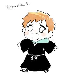 Rule 34 | 1boy, bleach, blush, bow, choko egg, commentary request, full body, hakama, highres, japanese clothes, kurosaki kazui, long sleeves, looking at viewer, male focus, open mouth, orange hair, sandals, short hair, simple background, white background, zouri