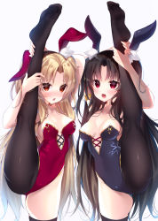 Rule 34 | 2girls, :d, animal ear fluff, animal ears, arms up, bare shoulders, black hair, black legwear, black leotard, blonde hair, blush, breasts, collarbone, commentary request, ereshkigal (fate), fake animal ears, fate/grand order, fate (series), highres, ishtar (fate), ko yu, leg up, leotard, long hair, medium breasts, multiple girls, no shoes, open mouth, pantyhose, parted bangs, playboy bunny, rabbit ears, red eyes, red leotard, simple background, single leg pantyhose, single thighhigh, smile, soles, split, standing, standing on one leg, standing split, thighhighs, two side up, very long hair, white background