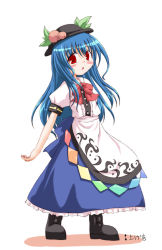 Rule 34 | 1girl, ankle boots, black footwear, black hat, blue hair, blue skirt, blush stickers, boots, bow, bowtie, female focus, food, fruit, full body, hat, hinanawi tenshi, inasaki shirau, leaf, looking at viewer, peach, puffy short sleeves, puffy sleeves, rainbow order, red bow, red bowtie, red eyes, shirt, short sleeves, sidelocks, simple background, skirt, solo, standing, touhou, white background, white shirt
