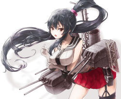 Rule 34 | 10s, 1girl, bad id, bad pixiv id, bare shoulders, black hair, breasts, cannon, gloves, kantai collection, large breasts, long hair, machinery, miniskirt, open mouth, personification, pleated skirt, ponytail, red eyes, satoru f, school uniform, serafuku, single thighhigh, skirt, solo, thighhighs, white gloves, yahagi (kancolle)