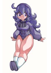 Rule 34 | 1girl, @ @, ahoge, breasts, creatures (company), full body, game freak, headband, hex maniac (pokemon), large breasts, leotard, long hair, long sleeves, looking to the side, matching hair/eyes, nintendo, npc trainer, pokemon, pokemon xy, purple eyes, purple footwear, purple hair, purple leotard, shoes, simple background, smile, socks, solo, swampopple, thick thighs, thighs, turtleneck, white background, white socks