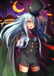 Rule 34 | 10s, 1girl, adjusting clothes, adjusting headwear, alternate costume, bat (animal), black hair, blue eyes, cape, commentary request, cowboy shot, ascot, crescent moon, fang, halloween, halloween costume, hat, hibiki (kancolle), kantai collection, lighthouse, long hair, moon, night, open mouth, shorts, solo, thighhighs, top hat, white hair, yu-yuuki