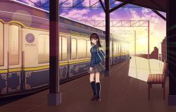 Rule 34 | 1girl, absurdres, bad id, bad pixiv id, bag, bench, biako, black socks, blazer, blue jacket, blue skirt, blush, brown footwear, brown hair, closed mouth, cloud, cloudy sky, commentary request, evening, gradient sky, green eyes, grey skirt, highres, jacket, kneehighs, loafers, long hair, looking at viewer, looking back, original, outdoors, pleated skirt, revision, scenery, school bag, school uniform, shoe soles, shoes, skirt, sky, smile, socks, solo, standing, standing on one leg, sun, sunlight, sunset, thighs, train, train station, yellow sky