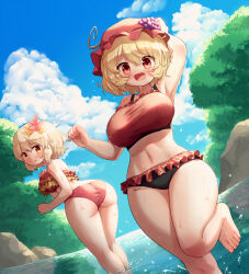 Rule 34 | 2girls, :d, aki minoriko, aki shizuha, arinu, ass, bikini, blonde hair, blue sky, blush, breasts, cloud, commentary request, food, frilled bikini, frills, fruit, grapes, hair ornament, hat, highres, large breasts, leaf hair ornament, looking at viewer, mob cap, multiple girls, open mouth, outdoors, red bikini, red eyes, red headwear, siblings, sisters, sky, smile, swimsuit, touhou, wading