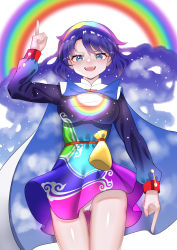 Rule 34 | absurdres, adapted costume, ailu elf, bag, blue eyes, blue hair, cape, day, dress, hairband, highres, multicolored clothes, multicolored dress, multicolored hairband, panties, pantyshot, pointing, pointing down, pointing up, rainbow, rainbow gradient, rainbow print, sky, sky print, solo, starry sky print, tenkyuu chimata, touhou, two-sided cape, two-sided fabric, underwear, white background, white panties