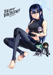 Rule 34 | 1girl, absurdres, atsuko (blue archive), bare arms, bare shoulders, black gloves, black pants, black shirt, blue archive, blue background, blue eyes, blue hair, breasts, character doll, commentary request, crop top, gloves, groin, happy birthday, highres, hiyori (blue archive), kipdrew, large breasts, leggings, long hair, looking at viewer, midriff, misaki (blue archive), no headwear, pants, saori (blue archive), shirt, simple background, sitting, sleeveless, sleeveless shirt, smile, solo, stirrup legwear, stomach, thighs, toeless legwear, very long hair