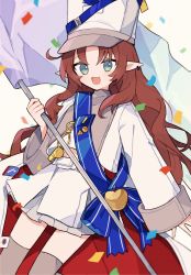 Rule 34 | 1girl, :d, apple, arknights, blue sash, confetti, cowboy shot, ear piercing, flag, food, fruit, golden apple, green eyes, grey thighhighs, hat, highres, holding, holding flag, kabe sakana, long hair, long sleeves, looking at viewer, myrtle (arknights), myrtle (light gold celebration) (arknights), official alternate costume, open mouth, piercing, pointy ears, sash, shirt, sidelocks, skirt, smile, solo, thighhighs, very long hair, wavy hair, white background, white flag, white hat, white shirt, white skirt