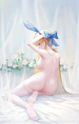Rule 34 | 1girl, animal ears, ass, bare back, bare shoulders, blonde hair, blue archive, blue eyes, bow, bowtie, breasts, censored, fake animal ears, feet, flower, from behind, hair bow, highres, large breasts, legs, long hair, looking at viewer, looking back, mosaic censoring, nipples, no shoes, nude, official alternate costume, pussy, rabbit ears, ruochongsang, soles, solo, thighhighs, thighs, toes, toki (blue archive), toki (bunny) (blue archive), very long hair
