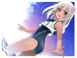 Rule 34 | 10s, 1girl, blonde hair, blue eyes, crop top, dutch angle, flower, hair flower, hair ornament, highres, kantai collection, long hair, looking back, ro-500 (kancolle), sailor collar, sanka!, school swimsuit, soaking feet, standing, swimsuit, swimsuit under clothes, tan, tanline, wading, water