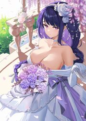 Rule 34 | 1girl, 1other, absurdres, alternate costume, bare shoulders, blurry, bouquet, bow, braid, breasts, choker, closed mouth, collarbone, commentary, depth of field, dress, earrings, elbow gloves, falling petals, flower, genshin impact, gloves, grass, hair flower, hair ornament, hairband, highres, holding, holding bouquet, holding hands, jewelry, large breasts, leaf, long hair, looking at viewer, low-braided long hair, low-tied long hair, mole, mole under eye, off-shoulder dress, off shoulder, petals, petals on liquid, pink flower, pink rose, purple bow, purple eyes, purple flower, purple rose, raiden shogun, rose, smile, solo focus, somyo (s0my0), symbol-only commentary, very long hair, waist bow, water, wedding dress, white choker, white dress, white flower, white gloves, white rose