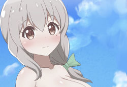 Rule 34 | 1girl, blush, bow, breasts, brown eyes, cleavage, cloud, collarbone, hair bow, highres, koisuru asteroid, large breasts, long hair, looking at viewer, mole, mole under eye, morino mari, nude, out-of-frame censoring, outdoors, poa mellhen, silver hair, sky, solo, standing, upper body
