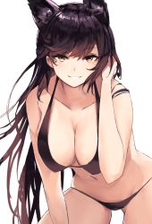 Rule 34 | 1girl, animal ears, atago (azur lane), azur lane, bikini, black bikini, black hair, breasts, cleavage, commentary, cowboy shot, english commentary, extra ears, flipped hair, gluteal fold, highres, large breasts, leaning forward, liaowen, long hair, looking at viewer, mole, mole under eye, navel, parted lips, solo, swept bangs, swimsuit, very long hair, yellow eyes