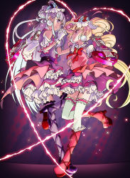 Rule 34 | 10s, 2girls, absurdres, aisaki emiru, blonde hair, boots, bow, bowtie, cross-laced footwear, cure amour, cure macherie, earrings, eye contact, eyelashes, frilled skirt, frills, gloves, guitar, hair bow, holding hands, heart, high heels, highres, holding, holding instrument, hugtto! precure, instrument, jewelry, ksheera, layered skirt, long hair, looking at another, magical girl, multiple girls, precure, puffy short sleeves, puffy sleeves, purple eyes, purple hair, red eyes, ruru amour, short sleeves, skirt, smile, sparkle, thigh boots, thighhighs, twintails, very long hair, white gloves, white legwear