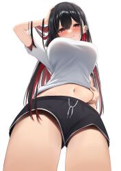 Rule 34 | 1girl, absurdres, amane sora, arm up, black hair, black shorts, blush, breasts, closed mouth, colored inner hair, commentary request, dolphin shorts, from below, hand on own head, highres, large breasts, long hair, looking at viewer, looking down, multicolored hair, navel, original, red eyes, red hair, shirt, short shorts, short sleeves, shorts, simple background, solo, thighs, two-tone hair, white background, white shirt