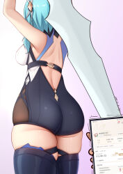 Rule 34 | 1girl, absurdres, aqua hair, artist request, ass, bare shoulders, breasts, cellphone, eula (genshin impact), from behind, genshin impact, gloves, greatsword, hair ornament, hairband, highres, huge ass, large breasts, leotard, long hair, phone, pov, sideboob, solo focus, sword, thick thighs, thighhighs, thighs, trembling, weapon
