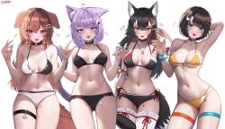 Rule 34 | 4girls, absurdres, ahoge, animal collar, animal ear fluff, animal ears, armpits, bare shoulders, bikini, black bikini, black bra, black choker, black hair, black panties, blue eyes, blush, bone hair ornament, bra, breasts, brown eyes, brown hair, cat ears, cat girl, cat tail, choker, cleavage, collar, collarbone, commentary, dog ears, dog girl, dog tail, dress shirt, english commentary, fang, fangs, flipped hair, food, front-tie bikini top, front-tie top, hair between eyes, hair ornament, hairclip, halterneck, highleg, highleg swimsuit, highres, hololive, inugami korone, kkato, lace, lace-trimmed bra, lace trim, large breasts, lingerie, long hair, looking at viewer, medium breasts, multicolored hair, multiple girls, navel, nekomata okayu, o-ring, o-ring choker, onigiri, ookami mio, oozora subaru, open mouth, panties, presenting armpit, purple eyes, purple hair, red choker, red hair, see-through, shirt, short hair, sideboob, skin fang, skin fangs, smile, solo, stomach, streaked hair, string bikini, subaru duck, swept bangs, swimsuit, tail, tail around own leg, tail wrap, thigh strap, thighhighs, thighs, two-tone bikini, two-tone bra, underboob, underwear, underwear only, virtual youtuber, white panties, white thighhighs, wolf ears, wolf girl, wolf tail, yellow bikini, yellow eyes, yellow nails