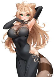 Rule 34 | 1girl, ahoge, arm up, armpits, black dress, black gloves, blonde hair, commentary, cone hair bun, covered navel, cowboy shot, dopamine70, dress, elbow gloves, gloves, green eyes, groin, hair bun, hand up, highres, hip vent, long hair, looking at viewer, original, parted lips, raccoon tail, simple background, sleeveless, sleeveless dress, smile, solo, standing, tail, very long hair, white background