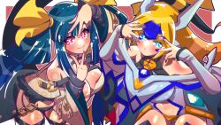 Rule 34 | 2girls, bare shoulders, belt, blazblue, blonde hair, blue eyes, blue hair, blue nails, blush, border, breasts, cleavage, cleavage cutout, clothing cutout, commission, company connection, crossover, detached collar, detached sleeves, dizzy (guilty gear), fingernails, guilty gear, guilty gear xrd, hair ribbon, hair rings, headpiece, highres, hoshino ai&#039;s pose, ichi orgin, large breasts, leaning forward, long hair, midriff, monster girl, mu-12, multiple girls, navel, noel vermillion, oshi no ko, pink nails, pose imitation, red background, red eyes, revealing clothes, ribbon, skeb commission, smile, sparkling eyes, star-shaped pupils, star (symbol), stomach, symbol-shaped pupils, thigh strap, thighs, white border, yellow ribbon