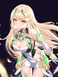 Rule 34 | 1girl, absurdres, armor, arms behind back, bare shoulders, blonde hair, blush, breasts, chest jewel, cleavage, cleavage cutout, closed mouth, clothing cutout, cowboy shot, dark background, dress, elbow gloves, faulds, gem, gloves, gradient background, hair ornament, hand on own arm, headpiece, highres, jewelry, large breasts, leaning forward, long hair, looking at viewer, mythra (xenoblade), neon trim, nintendo, roi (liu tian), short dress, shoulder armor, sleeveless, sleeveless dress, smile, solo, straight hair, swept bangs, thigh strap, thighs, tiara, very long hair, white dress, white gloves, xenoblade chronicles (series), xenoblade chronicles 2, yellow eyes