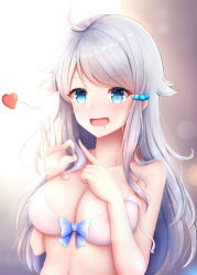 Rule 34 | 10s, 1girl, :d, ahoge, blurry, blurry background, blush, bow, bow bra, bra, breasts, cleavage, collarbone, covered erect nipples, depth of field, drooling, endsmall min, fingernails, hair between eyes, hair flaps, hair ornament, hands up, highres, imouto sae ireba ii, kani nayuta, large breasts, long hair, looking at viewer, mouth drool, navel, ok sign, open mouth, sidelocks, silver hair, smile, solo, underwear, upper body, very long hair, white bra
