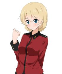 Rule 34 | 10s, 1girl, arm behind back, bad id, bad pixiv id, blonde hair, blue eyes, braid, clenched hand, closed mouth, commentary, darjeeling (girls und panzer), epaulettes, girls und panzer, highres, jacket, kohakope, light frown, long sleeves, looking at viewer, military, military jacket, military uniform, red jacket, short hair, simple background, solo, st. gloriana&#039;s military uniform, standing, twin braids, uniform, upper body, white background