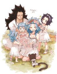 Rule 34 | 2boys, 3girls, :d, anklet, bare shoulders, black hair, blue hair, breasts, brown eyes, cleavage, crossed arms, detached sleeves, dress, closed eyes, fairy tail, flower, gajeel redfox, hair flower, hair ornament, head tilt, head wreath, indian style, jewelry, kneeling, levy mcgarden, long hair, mother&#039;s day, multiple boys, multiple girls, nose piercing, open mouth, pantherlily, pants, piercing, pink flower, pink rose, rose, rusky, scar, shirt, short dress, short sleeves, simple background, sitting, sleeveless, sleeveless dress, small breasts, smile, standing, sundress, very long hair, white background, white dress, white pants, white shirt