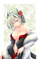 Rule 34 | 1girl, :o, absurdres, ahoge, aqua hair, artist name, bare shoulders, braid, breasts, cleavage, clothes pull, collarbone, dress, dress pull, earrings, flower, french braid, fur-trimmed dress, fur trim, girls&#039; frontline, hair flower, hair ornament, highres, hizuki.kaze, japanese clothes, jewelry, large breasts, long hair, looking at viewer, ltlx 7000 (dancing shrine maiden) (girls&#039; frontline), ltlx 7000 (girls&#039; frontline), miko, mole, mole on breast, mole on neck, navel, official alternate costume, open clothes, open mouth, parted lips, red eyes, simple background, solo, standing