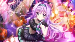 Rule 34 | ahoge, animal ears, black gloves, black skirt, bow, breasts, candle, cat ears, cat tail, checkered floor, closed mouth, concert, crescent, crop top, dot nose, fake animal ears, fake tail, film grain, from above, game cg, gloves, green bow, green eyes, green hairband, green ribbon, hair bow, hair ribbon, hairband, hand up, hokaze kanade, holding, holding microphone, idol, idol clothes, izumi tsubasu, jack-o&#039;-lantern, lens flare, long hair, looking at viewer, medium breasts, microphone, non-web source, official art, paw pose, plant, purple hair, re:stage!, ribbon, see-through midriff, sequins, skirt, smile, sparkle, spider web pattern, stage, stage lights, star (symbol), tail, thorns, tile floor, tiles, tombstone, vines