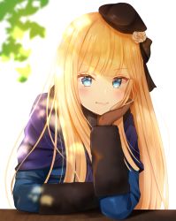 Rule 34 | 1girl, arm support, backlighting, beret, blonde hair, blue coat, blue eyes, blush, bow, brown bow, brown gloves, brown hat, closed mouth, coat, commentary request, fate (series), flower, gloves, hair bow, hair flower, hair ornament, hat, head in hand, head rest, light smile, long hair, long sleeves, lord el-melloi ii case files, nasii, reines el-melloi archisorte, revision, rose, simple background, solo, upper body, v-shaped eyebrows, white background, white flower, white rose