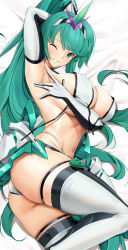 Rule 34 | 1girl, armpits, bikini, black gloves, breasts, elbow gloves, gem, gloves, green eyes, green hair, hair ornament, headpiece, highres, jewelry, large breasts, long hair, lying, navel, nintendo, on side, one eye closed, parted lips, pneuma (xenoblade), ponytail, presenting armpit, smile, solo, swimsuit, thighhighs, tiara, tony guisado, two-tone gloves, untied bikini, very long hair, white bikini, white gloves, white thighhighs, xenoblade chronicles (series), xenoblade chronicles 2
