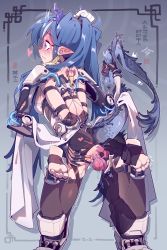 Rule 34 | 1girl, arknights, arms behind back, bdsm, black thighhighs, blue eyes, blue hair, bondage, bound, bound arms, breasts, censored, commission, dragon horns, dragon tail, exoskeleton, hair between eyes, highres, horns, imazawa, ling (arknights), long hair, looking at viewer, pointy ears, resolution mismatch, restrained, reverse prayer, second-party source, short shorts, shorts, solo, source larger, tail, thighhighs, toeless legwear, very long hair