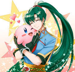 Rule 34 | 1girl, asymmetrical bangs, blue eyes, blue shirt, blush stickers, closed eyes, commentary request, crossed arms, delsaber, earrings, eyelashes, fingerless gloves, fire emblem, fire emblem: the blazing blade, gloves, gradient background, green gloves, hair ornament, heart, high ponytail, hug, jewelry, kirby, kirby (series), long hair, lyn (fire emblem), nintendo, one eye closed, open mouth, sash, shirt, short sleeves, smile, sparkle, star (symbol), super smash bros., undershirt, upper body