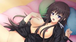 Rule 34 | 1girl, bed, black shirt, blush, breasts, breasts out, brown hair, embarrassed, game cg, hair ribbon, ishigaki takashi, large breasts, long hair, looking at viewer, lying, muv-luv, muv-luv alternative, muv-luv total eclipse, nipples, no bra, no panties, non-web source, official art, on back, on bed, open clothes, open mouth, open shirt, pillow, purple eyes, ribbon, shirt, solo, takamura yui, teeth, upper body, white ribbon