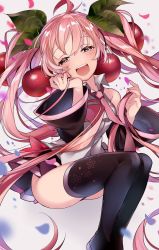 Rule 34 | 1girl, ahoge, black thighhighs, blush, breasts, cherry, cherry blossoms, detached sleeves, eyelashes, flower, food, fruit, hair ornament, half-closed eyes, hatsune miku, highres, leaf, long hair, looking at viewer, necktie, open mouth, petals, pink hair, sakura miku, simple background, skirt, smile, sogawa66, solo, thighhighs, twintails, very long hair, vocaloid