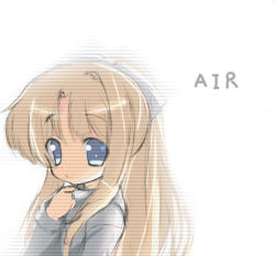 Rule 34 | 00s, 1girl, air (visual novel), blonde hair, blue eyes, copyright name, eyebrows, kamio misuzu, looking at viewer, omiso, omiso (omiso), sidelocks, simple background, solo, upper body, white background