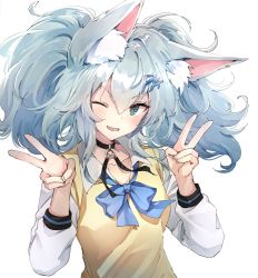 Rule 34 | 1girl, ;d, animal ears, beige vest, blue bow, blue bowtie, blue eyes, blue hair, blush, bow, bowtie, breasts, cat ears, choker, collared shirt, double v, fang, girls&#039; frontline, ha9na, hair between eyes, hair ornament, looking at viewer, medium hair, official alternate costume, one eye closed, open mouth, pa-15 (girls&#039; frontline), pa-15 (high school thrills) (girls&#039; frontline), shirt, simple background, skin fang, small breasts, smile, solo, twintails, upper body, v, white background, white shirt