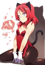 Rule 34 | 10s, 1girl, animal ears, bad id, bad twitter id, bare shoulders, black pantyhose, blush, cat ears, cat tail, covered navel, fake animal ears, gloves, highres, kittysuit, leotard, looking away, love live!, love live! school idol project, nishikino maki, nontraditional playboy bunny, pantyhose, playboy bunny, purple eyes, red hair, red leotard, short hair, sitting, sketch, smile, solo, sweat, tachibana yuu, tail, v arms, wariza, white gloves