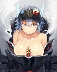 Rule 34 | 1girl, bad id, bad pixiv id, bare shoulders, blush, breasts, cleavage, collarbone, commentary request, goggles, goggles on head, grey background, grey eyes, hair between eyes, large breasts, looking at viewer, off shoulder, original, parted lips, short hair, silver hair, solo, suminagashi, upper body