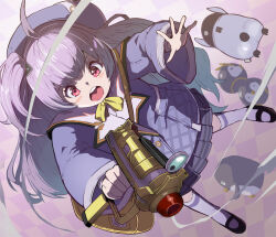 Rule 34 | 1girl, :o, ahoge, beret, bird, blush, bowtie, goddess of victory: nikke, hair ornament, hat, holding, holding weapon, jacket, long hair, long sleeves, mary janes, open mouth, penguin, penguin chick, plaid, plaid skirt, pleated skirt, purple hair, purple jacket, red eyes, rei (nikke), school uniform, shoes, skirt, socks, syope, weapon, white socks, yellow bag, yellow bow, yellow bowtie