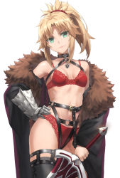 Rule 34 | 1girl, absurdres, bad id, bad twitter id, bare shoulders, belt, blonde hair, bra, braid, breasts, coat, collar, fate/apocrypha, fate/grand order, fate (series), french braid, fur collar, gauntlets, green eyes, hand on own hip, harness, head tilt, highres, lace, lace-trimmed bra, lace-trimmed panties, lace trim, long hair, looking at viewer, mordred (fate), mordred (fate/apocrypha), navel, panties, parted bangs, ponytail, sidelocks, small breasts, smile, solo, sword, thigh belt, thigh strap, thighhighs, tonee, underwear, weapon