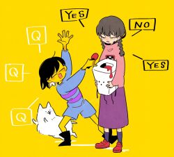Rule 34 | 1girl, 1other, annoying dog, black hair, blue shorts, braid, brown hair, closed eyes, dog, frisk (undertale), highres, holding, holding microphone, interview, long hair, madotsuki, microphone, open mouth, pink sweater, purple skirt, shirt, short hair, shorts, skirt, smile, striped clothes, striped shirt, sweater, tamanoha (cookware), twin braids, undertale, yellow background, yume nikki
