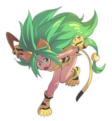 Rule 34 | 1girl, ahoge, animal ears, animal hands, animal print, bad id, bad twitter id, bare shoulders, beads, boomerang, breasts, cham cham, fang, full body, gloves, green eyes, green hair, hair beads, hair between eyes, hair ornament, holding, jocheong, leaning forward, leg up, long hair, looking to the side, low-tied long hair, open mouth, paw gloves, paw shoes, samurai spirits, shoes, sleeveless, small breasts, solo, spiked hair, standing, standing on one leg, tail, tiger ears, tiger paws, tiger print, tiger stripes, tiger tail