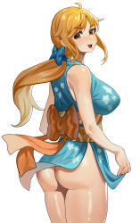 Rule 34 | 1girl, :d, absurdres, ass, back bow, bare arms, blush, bow, breasts, celyn404, clothes grab, cowboy shot, flashing, from behind, highres, huge ass, large breasts, lifting own clothes, long hair, looking at viewer, matching hair/eyes, nami (one piece), no panties, nose blush, one piece, open mouth, orange eyes, orange hair, shiny skin, smile, solo, white background