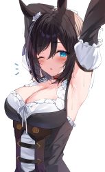Rule 34 | 1girl, ;o, ^^^, absurdres, animal ears, armpits, arms up, bad id, bad pixiv id, black hair, blue eyes, blush, breasts, choker, cleavage, corset, detached sleeves, eishin flash (umamusume), frilled sleeves, frills, hair between eyes, highres, hizuki higure, horse ears, large breasts, long sleeves, looking at viewer, notice lines, one eye closed, open mouth, red choker, short hair, solo, stretching, umamusume, underbust, upper body