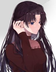 Rule 34 | 1girl, black hair, blue eyes, blush, breasts, commentary request, earrings, fate/stay night, fate (series), grey background, hand up, highres, jewelry, long hair, long sleeves, medium breasts, parted bangs, red shirt, shimatori (sanyyyy), shirt, simple background, solo, thighhighs, tohsaka rin, two side up