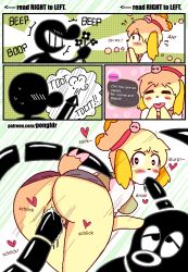 Rule 34 | 1boy, 1girl, animal crossing, animal ears, ass, bell, black eyes, black flower, blonde hair, blue skirt, blush, breasts, buck teeth, character name, closed eyes, comic, covering own mouth, cum, cum in pussy, dog ears, dog girl, dog tail, english text, flower, flying sweatdrops, furry, game &amp; watch, green vest, hair bell, hair ornament, hair tie, hand up, hands up, happy, heart, heart-shaped pupils, hetero, holding, interspecies, isabelle (animal crossing), jaggy lines, jingle bell, medium breasts, miniskirt, motion lines, mr. game &amp; watch, multiple views, nintendo, open mouth, oral, pencil skirt, pongldr, pussy, shirt, short hair, short sleeves, skirt, smile, speech bubble, super smash bros., surprised, sweat, symbol-shaped pupils, tail, talking, tears, teeth, tentacle sex, tentacles, text focus, topknot, uncensored, vaginal, vest, white shirt