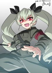 Rule 34 | 10s, 1girl, :d, absurdres, anchovy (girls und panzer), anzio military uniform, artist name, belt, black belt, black necktie, black ribbon, black shirt, commentary request, dated, dress shirt, drill hair, girls und panzer, gradient background, green hair, grey background, grey jacket, grey pants, hair ribbon, highres, holding, jacket, long hair, long sleeves, looking at viewer, military, military uniform, necktie, one-hour drawing challenge, open mouth, pants, red eyes, ribbon, riding crop, sam browne belt, shiina excel, shirt, signature, smile, smirk, solo, twin drills, twintails, twitter username, uniform, v-shaped eyebrows