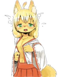 Rule 34 | 1girl, animal ear fluff, animal ears, blonde hair, blush, borrowed character, breasts, claws, collarbone, embarrassed, fangs, female focus, flying sweatdrops, fox ears, fox tail, green eyes, hakama, hakama skirt, half-closed eyes, highres, japanese clothes, kimono, long sleeves, looking at viewer, medium breasts, miko, navel, no bra, nose blush, nousen, off shoulder, open clothes, open kimono, open mouth, original, red hakama, short hair, simple background, skirt, solo, standing, tail, teeth, tongue, wavy mouth, white background, white kimono, wide sleeves
