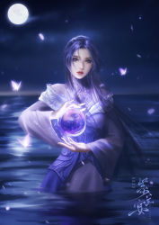 Rule 34 | 1girl, absurdres, artist request, bug, butterfly, closed mouth, dark, dress, expressionless, falling petals, glowing butterfly, highres, insect, long hair, long sleeves, moon, orb, petals, purple dress, purple eyes, purple hair, qinshi mingyue, realistic, second-party source, solo, sparkle, upper body, water, zi nu (qin shi ming yue)